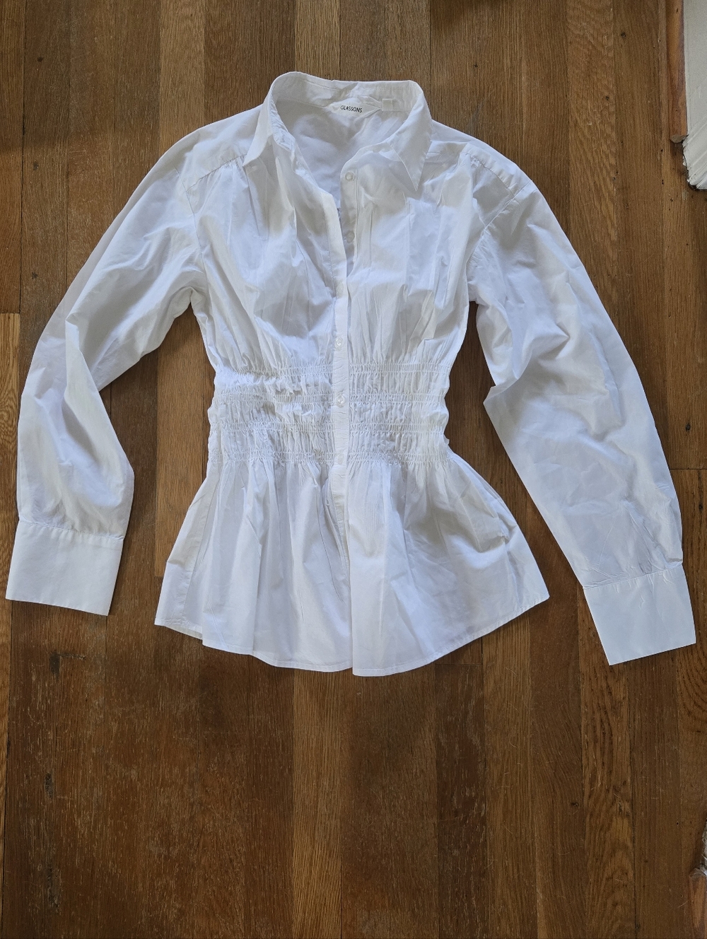 Glassons White Shirred Smocked Waist Button-Up Blouse AU6 US2
